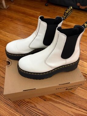 Dr. Martens White Leather Platform Chelsea Boots with Black Elastic